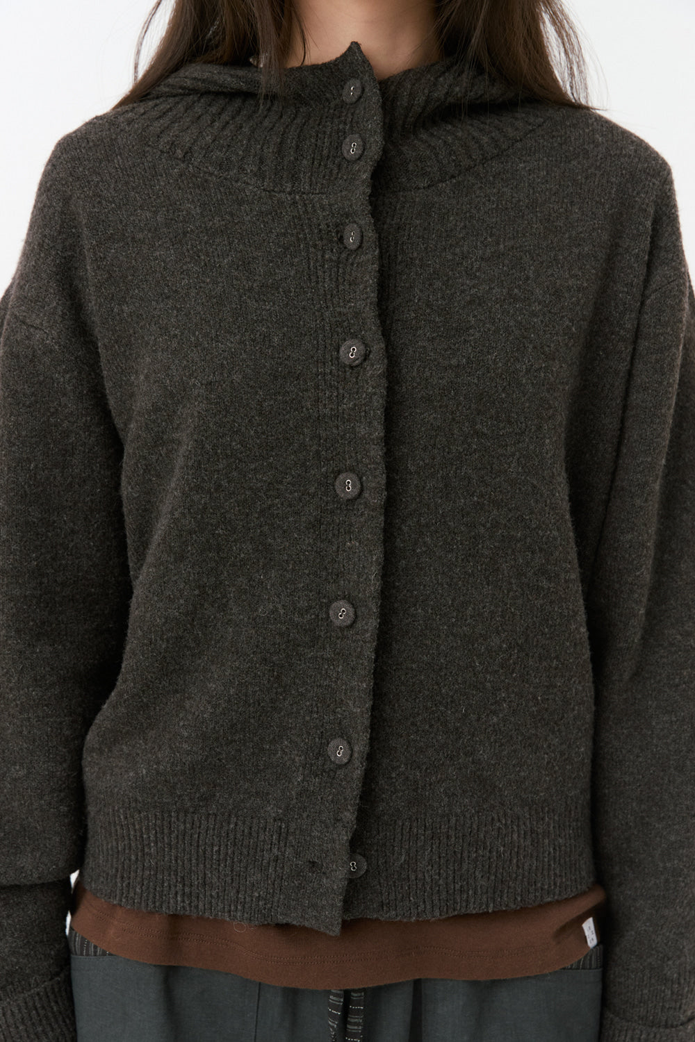 CROPPED HOODED HIGH NECK CARDIGAN, BROWN