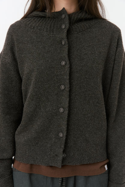 CROPPED HOODED HIGH NECK CARDIGAN, BROWN