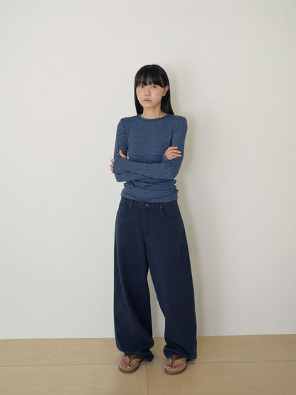 Rib Stripe Long Sleeve - Navy 7