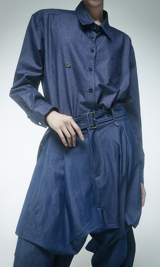 【Reculer レキュリー】Skirt silhouette baggy pants Like Denim Deep Blue