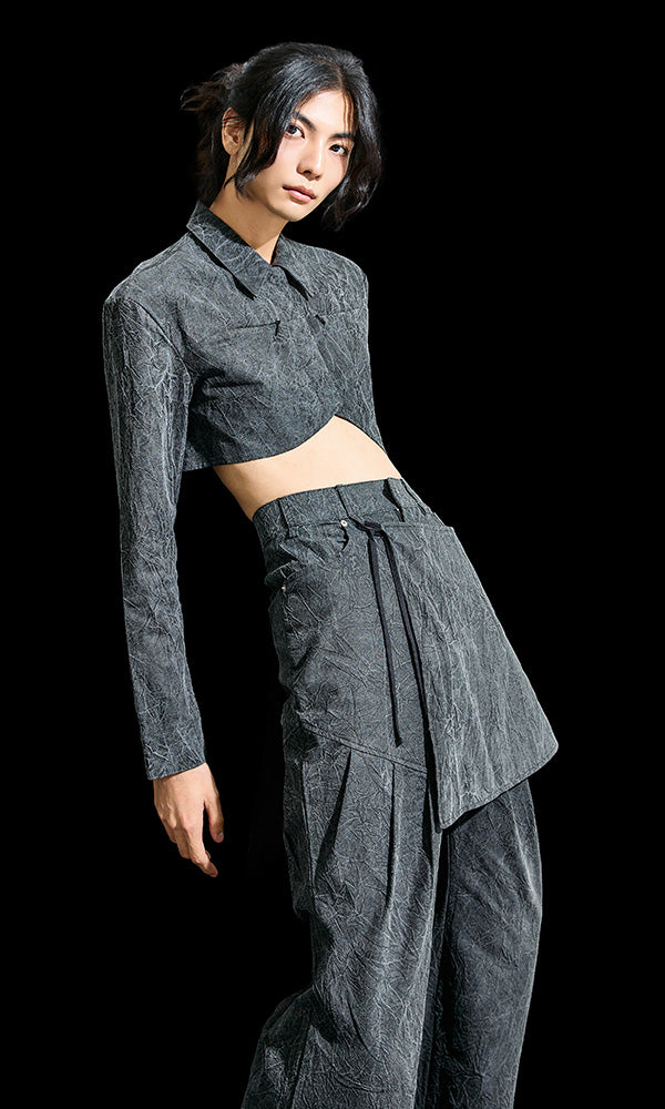 【Reculer レキュリー】Wrinkle R-crop shirts Charcoal