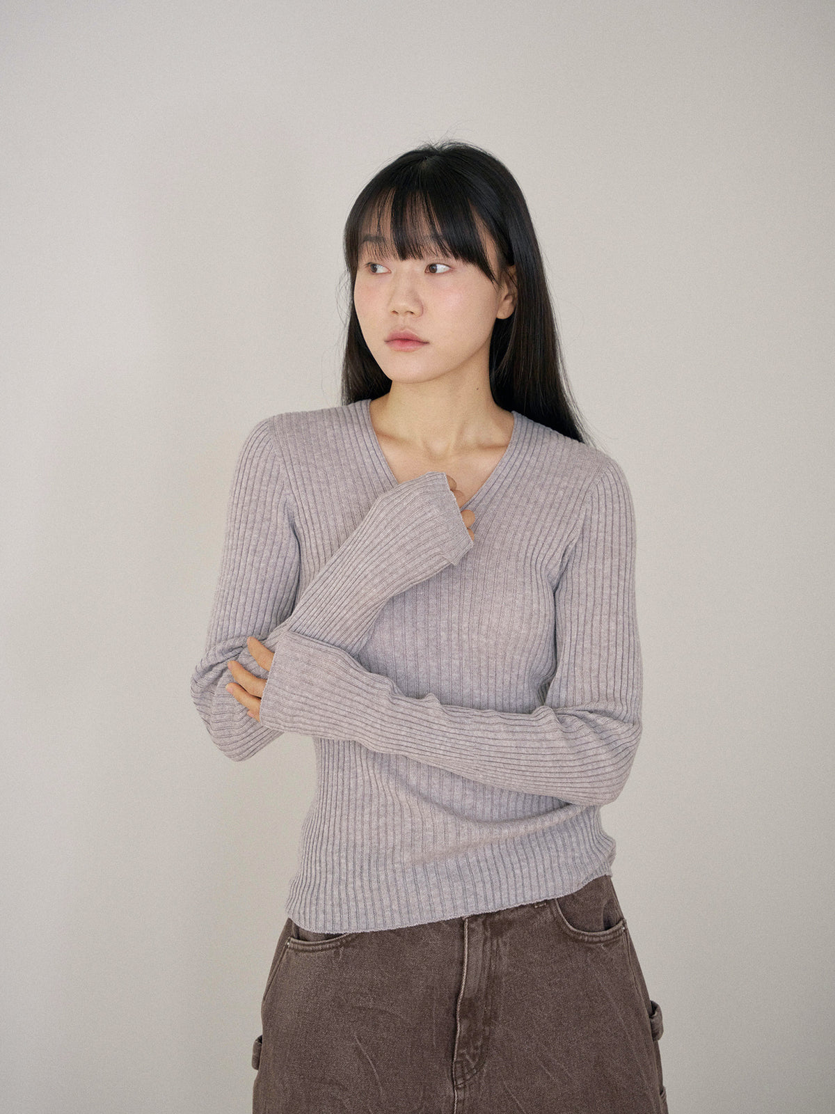 Double V-neck Rib Pullover - Gray 4