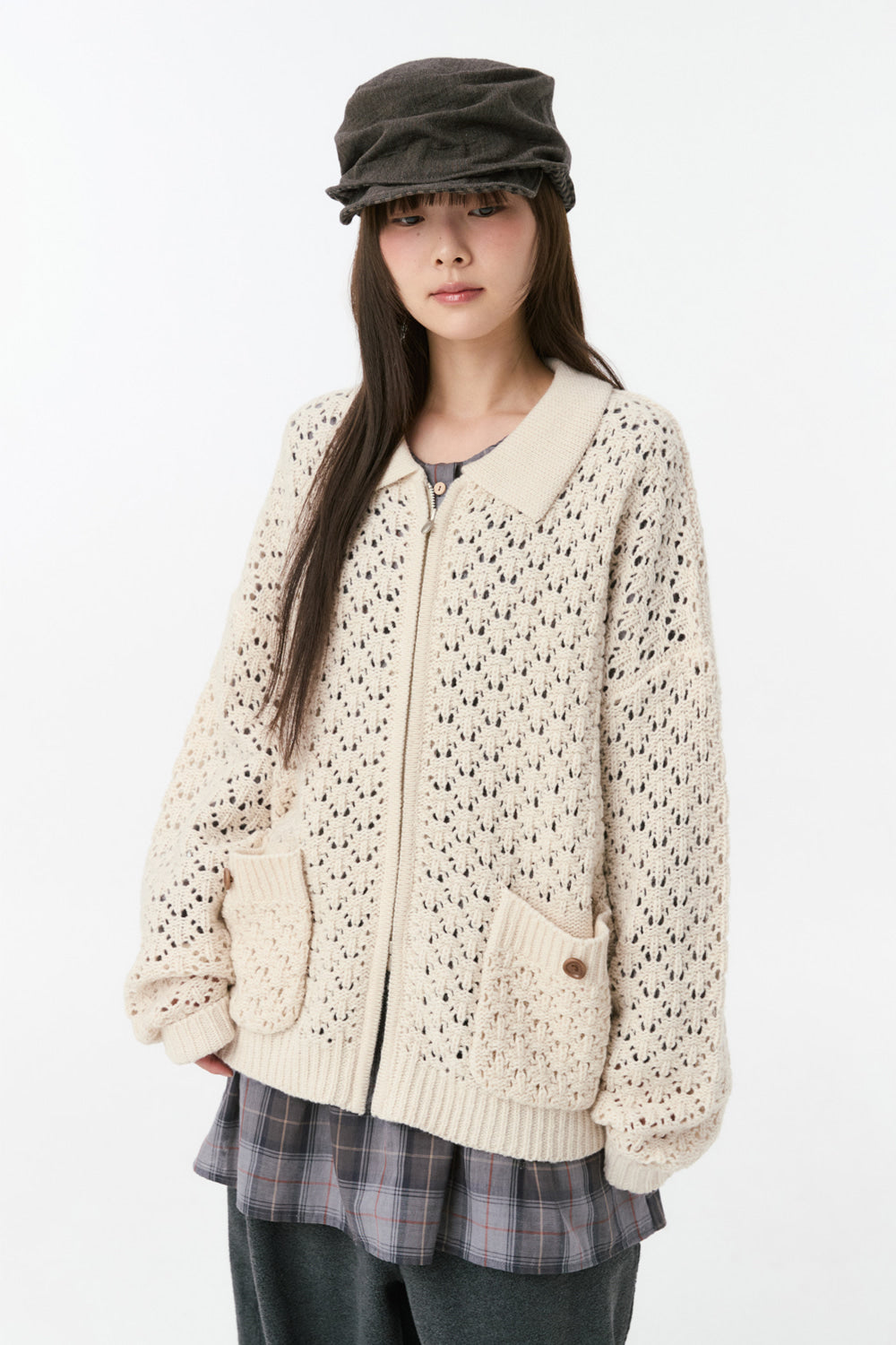 CROCHET KNIT ZIP-UP, CREAM