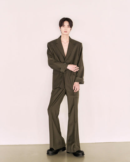 Leather Reveal Sleeve Wool Blazer_Khaki Brown
