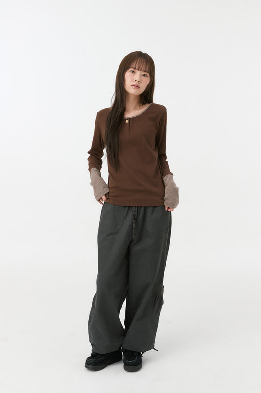 SHIRRING COLOR BLOCK LONG SLEEVE, BROWN