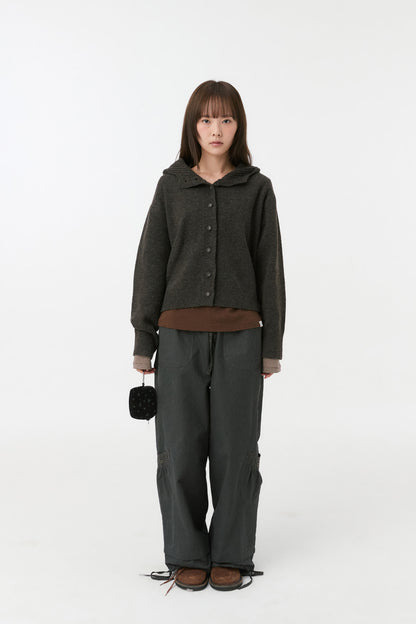 CROPPED HOODED HIGH NECK CARDIGAN, BROWN