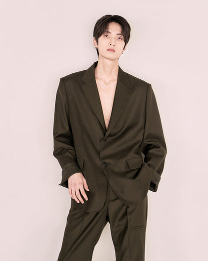 Leather Reveal Sleeve Wool Blazer_Black
