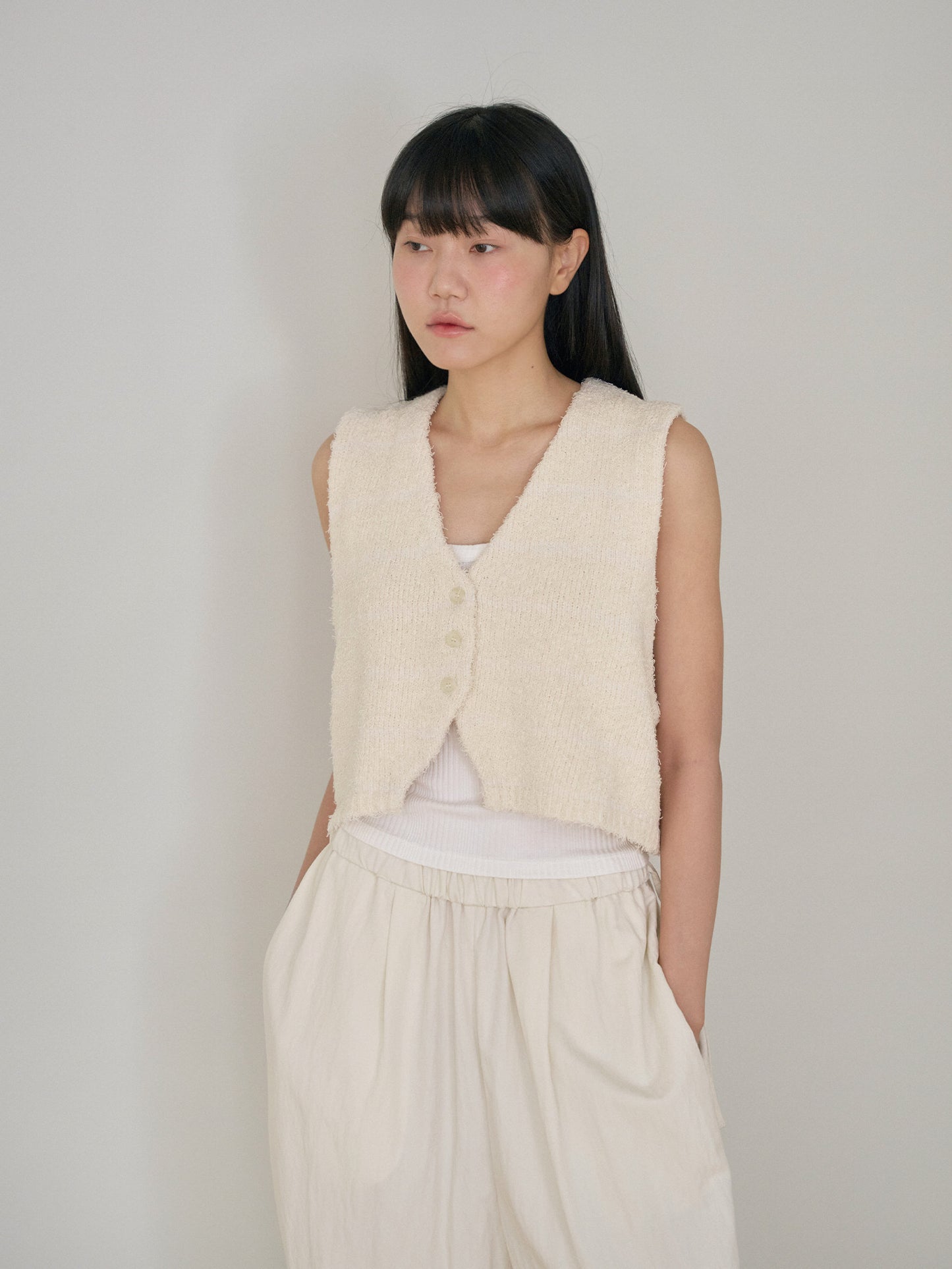 Sleeveless Button Cardigan - Beige