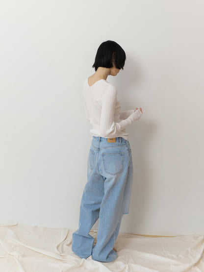 Double V-neck Rib Pullover - Ivory 6