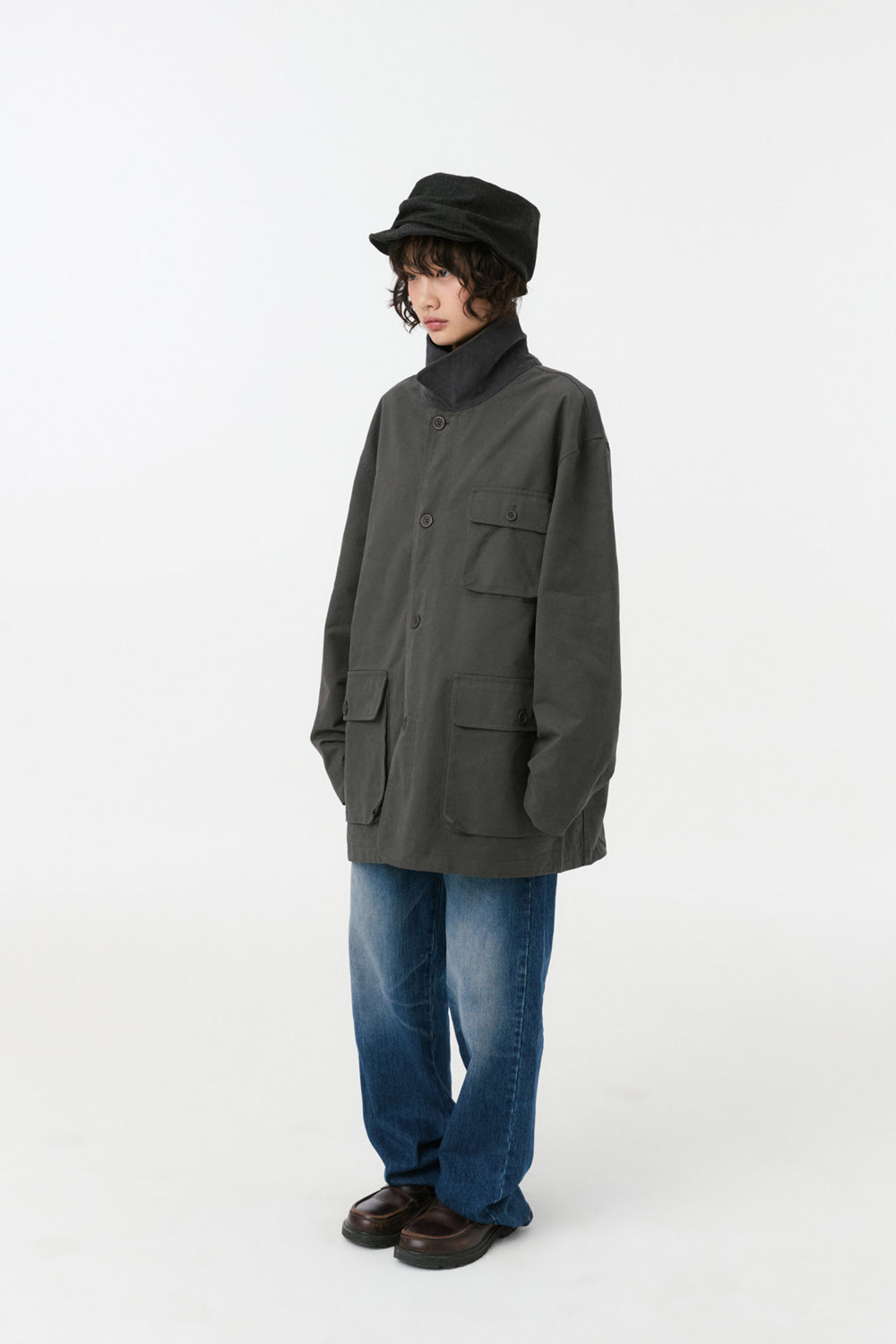 REVERSIBLE FLORAL COTTON JACKET, CHARCOAL