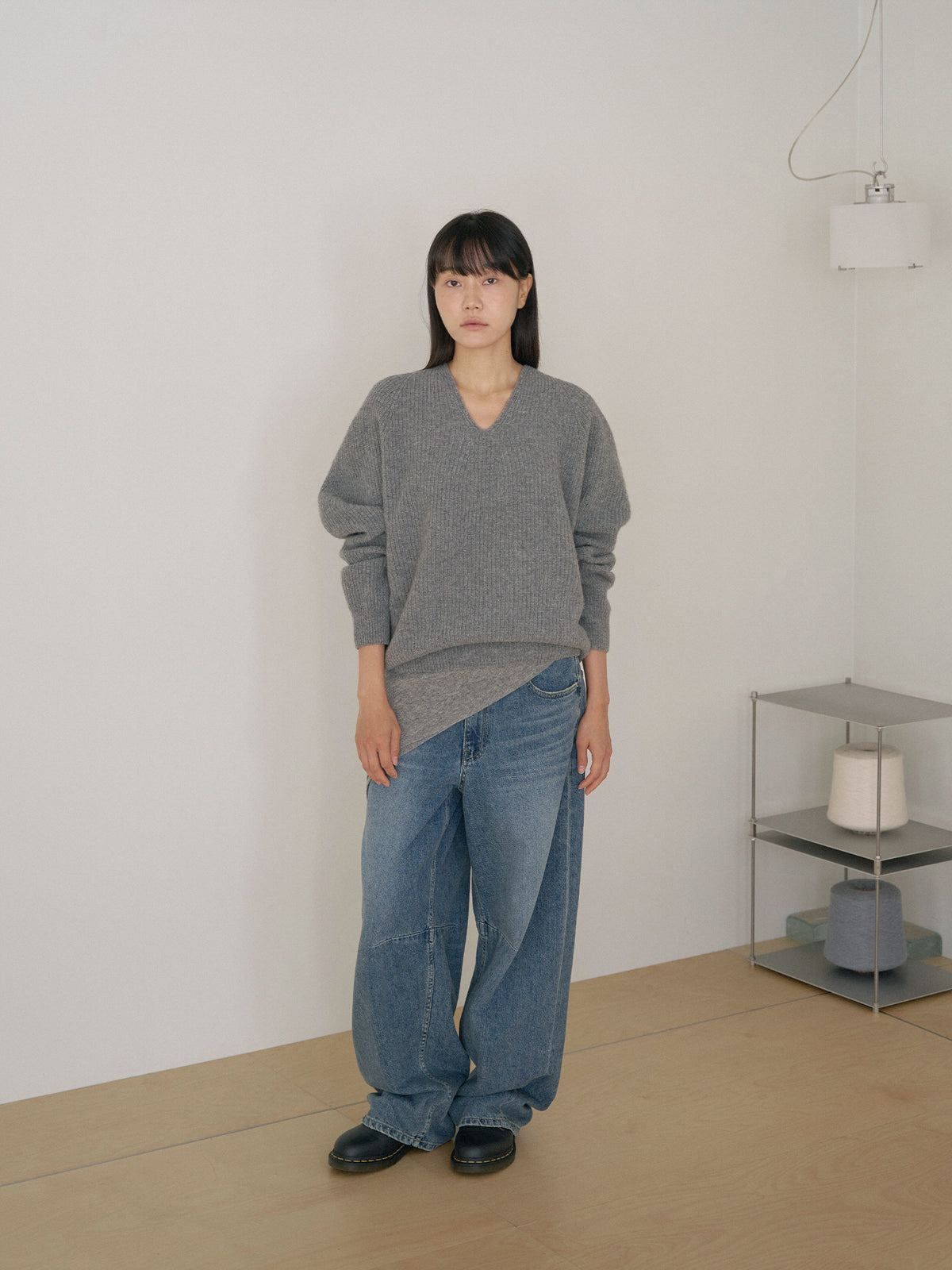 Wool V-neck Raglan Pullover - Gray 5