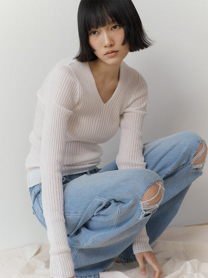 Double V-neck Rib Pullover - Ivory 5