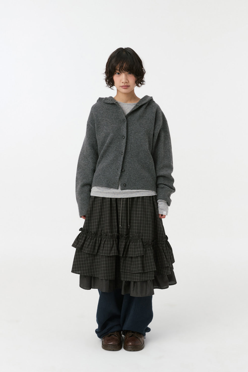 CROPPED HOODED HIGH NECK CARDIGAN, CHARCOAL