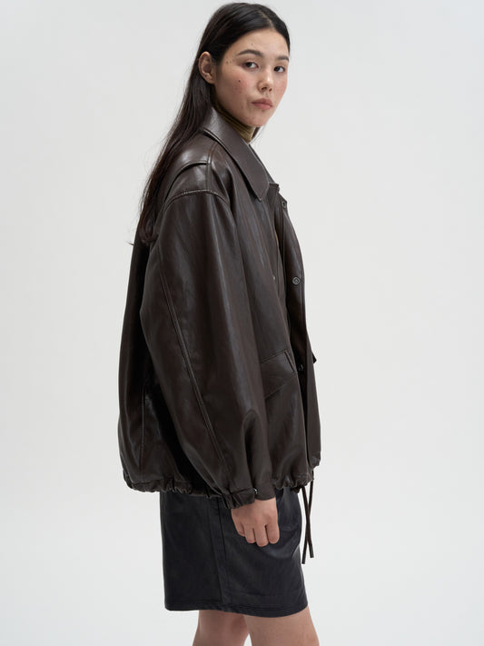 [MAGJAY]Soft Faux-Leather Blouson Jacket-BROWN