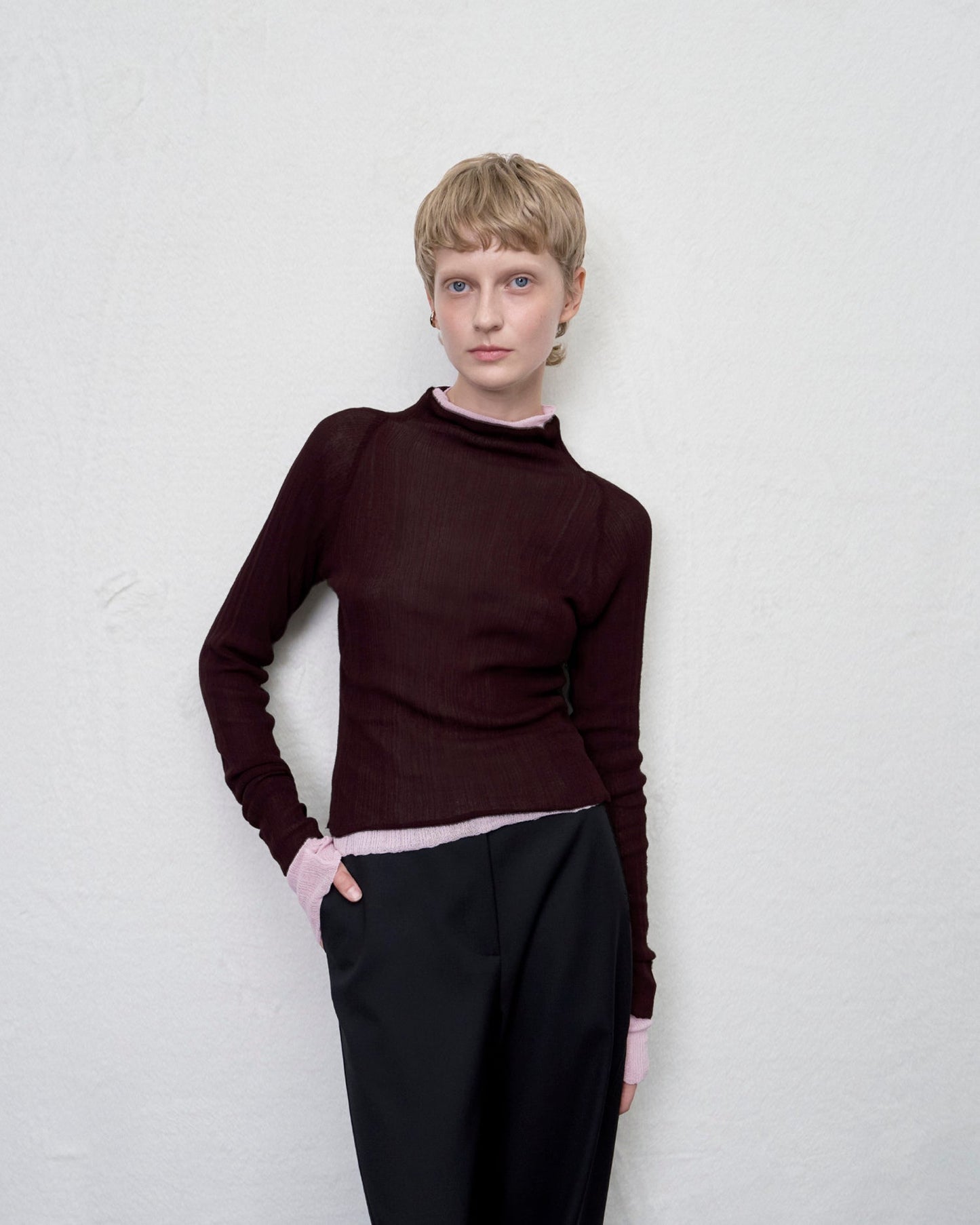 【ARIK. アリク AW】MINCHIR lettuce edge high neck knit top Burgundy Brown