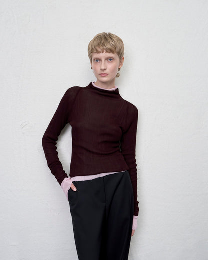 【ARIK. アリク AW】MINCHIR lettuce edge high neck knit top Burgundy Brown