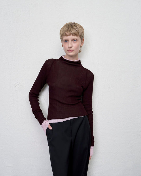 【ARIK. アリク AW】MINCHIR lettuce edge high neck knit top Burgundy Brown