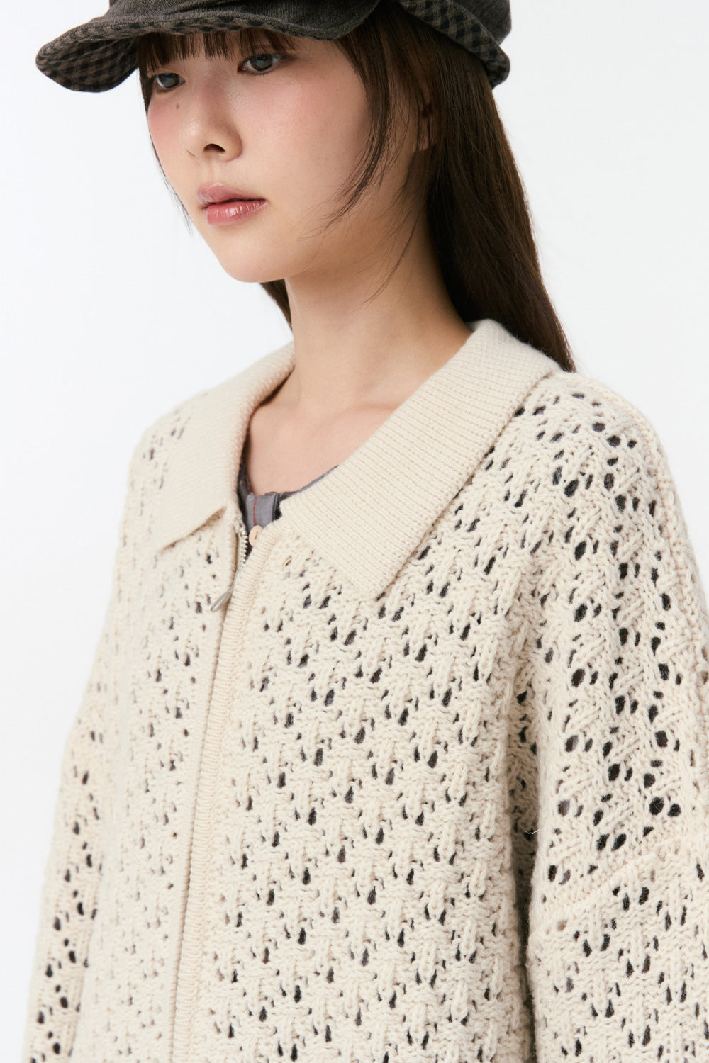 CROCHET KNIT ZIP-UP, CREAM