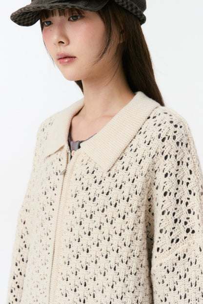 CROCHET KNIT ZIP-UP, CREAM