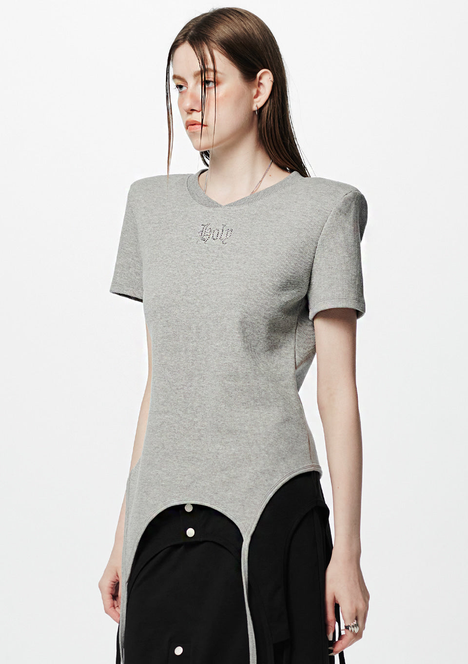 Shoulder-padded waffle T-shirt _ Gray