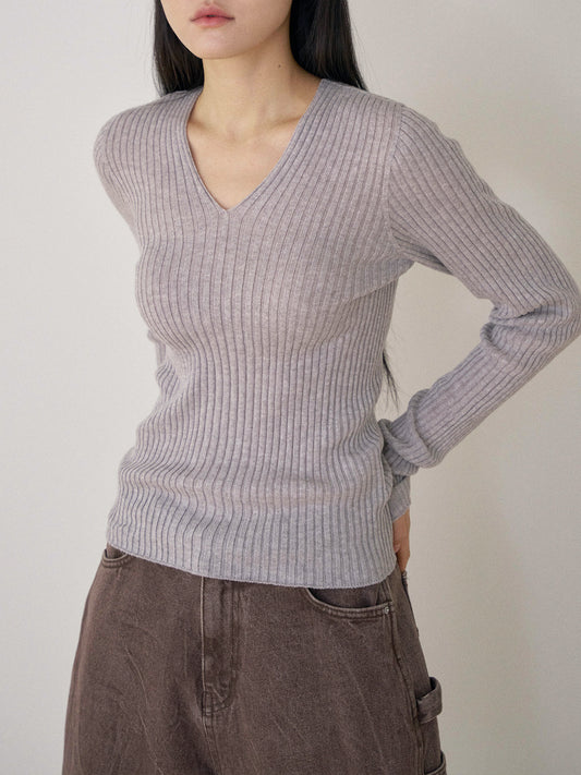 Double V-neck Rib Pullover - Gray 2