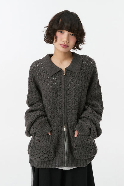 CROCHET KNIT ZIP-UP, CHARCOAL