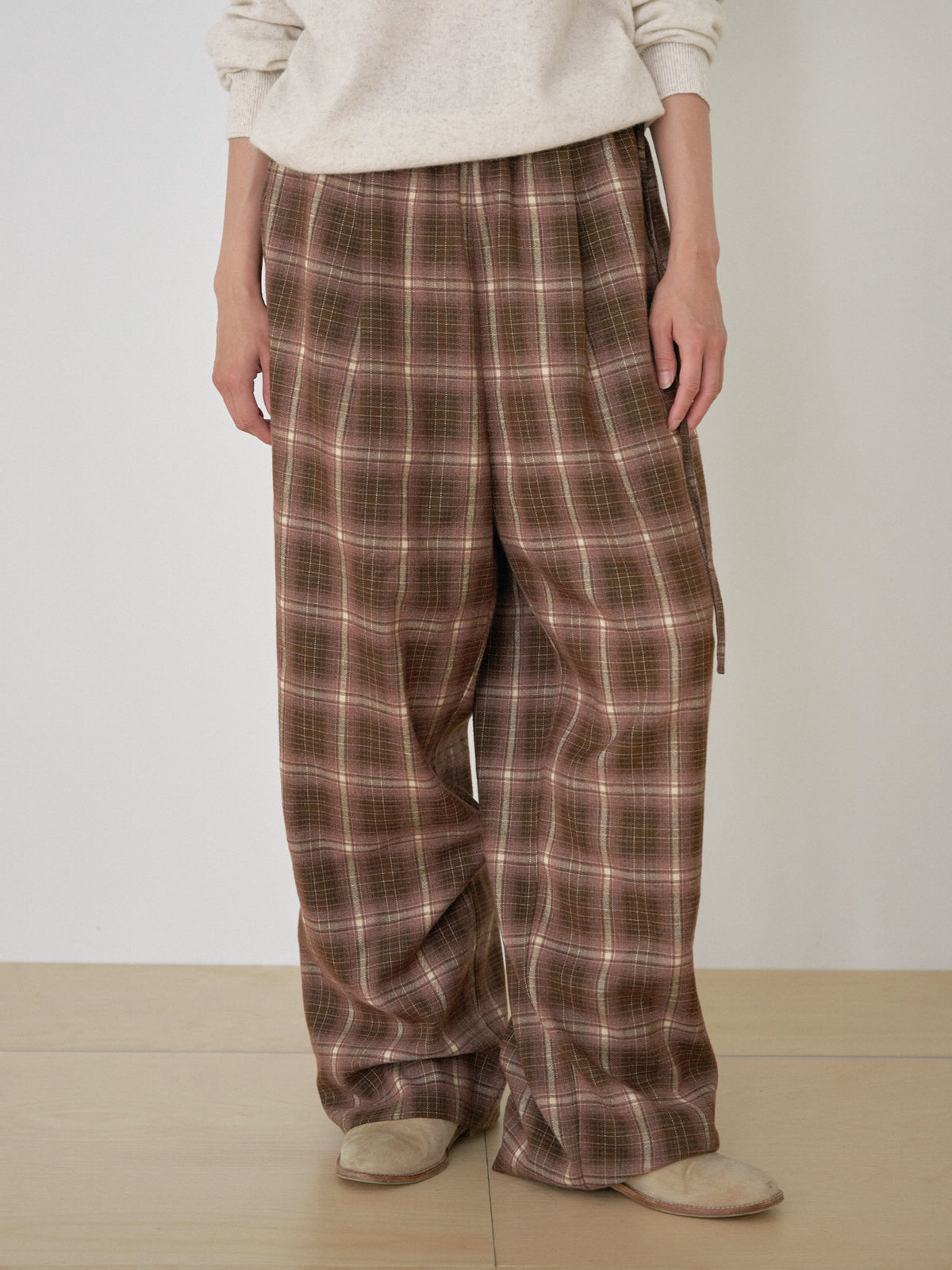Side String Check Pants - Brown 1