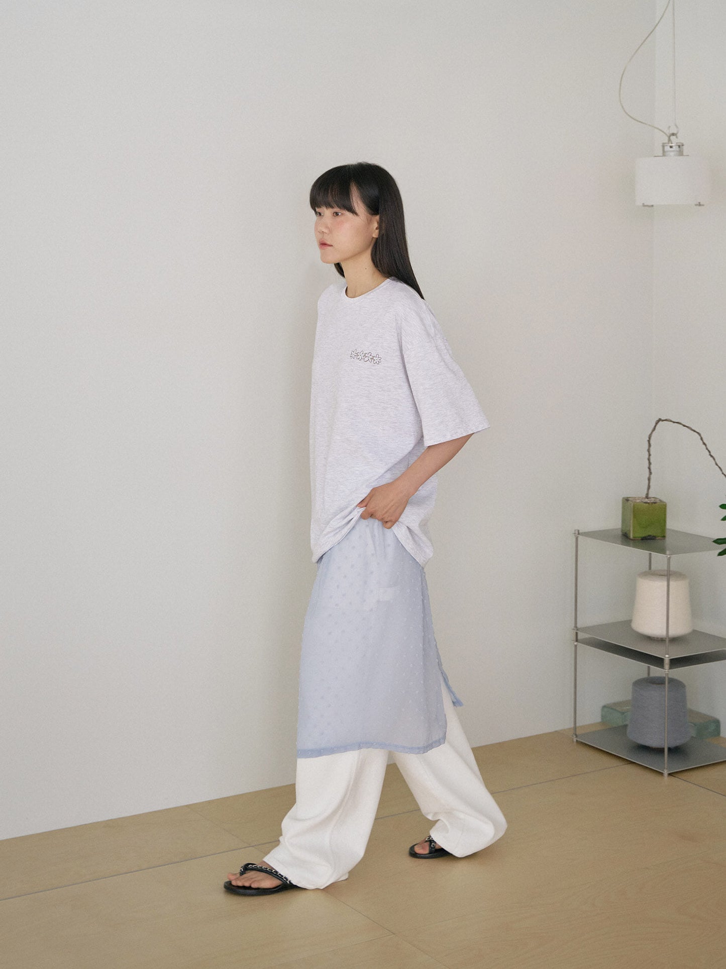 Flower Printing Short Sleeve - Light Gray