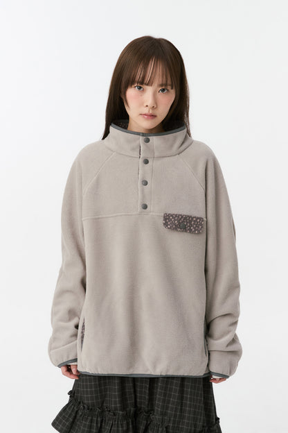 FLORAL CONTRAST FLEECE PULLOVER, GRAY