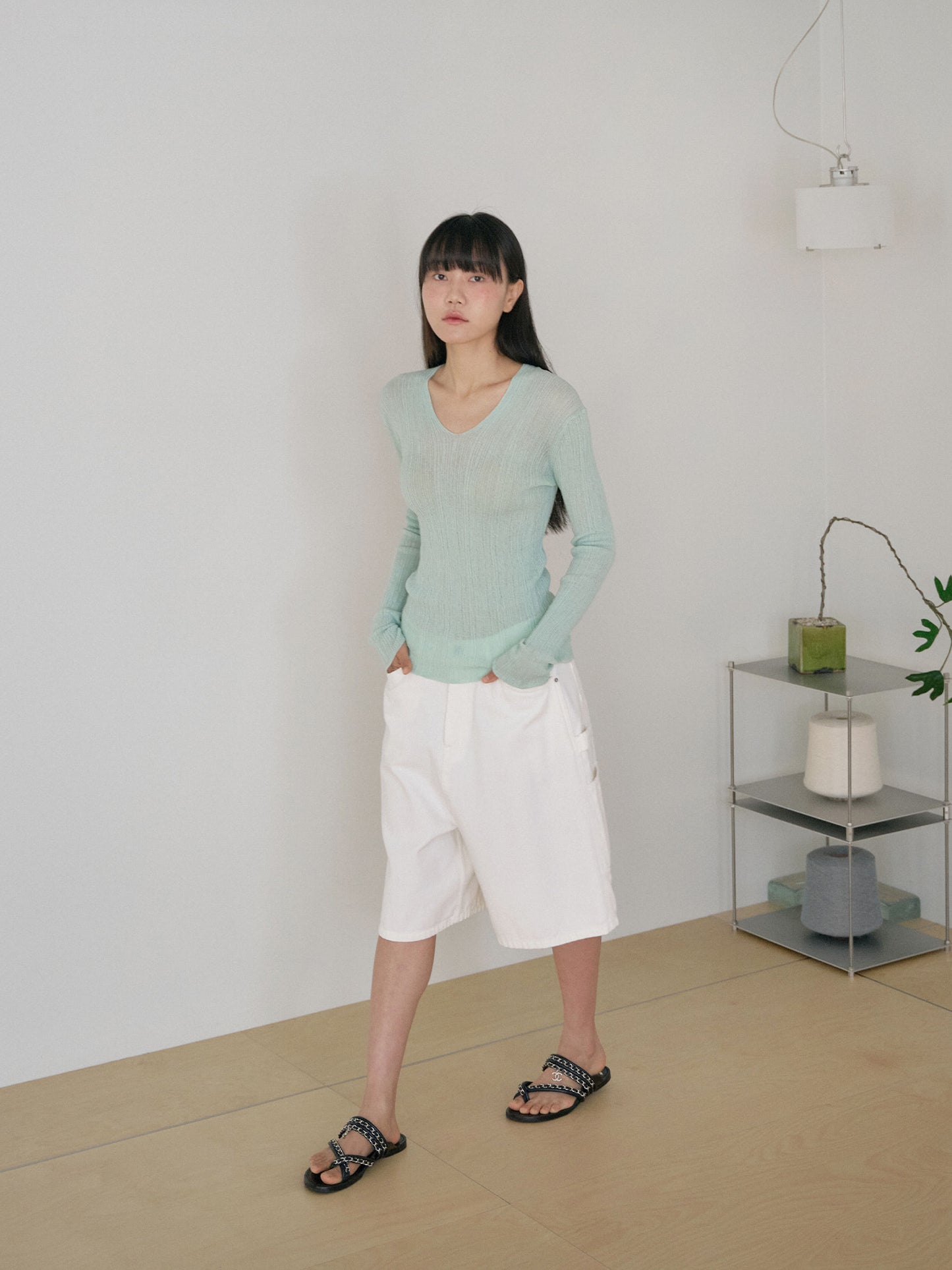 Multi Rib V-neck Pullover - Mint