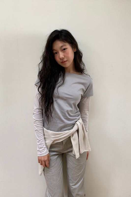 FLORAL LABEL LAYERED T-SHIRT, GRAY