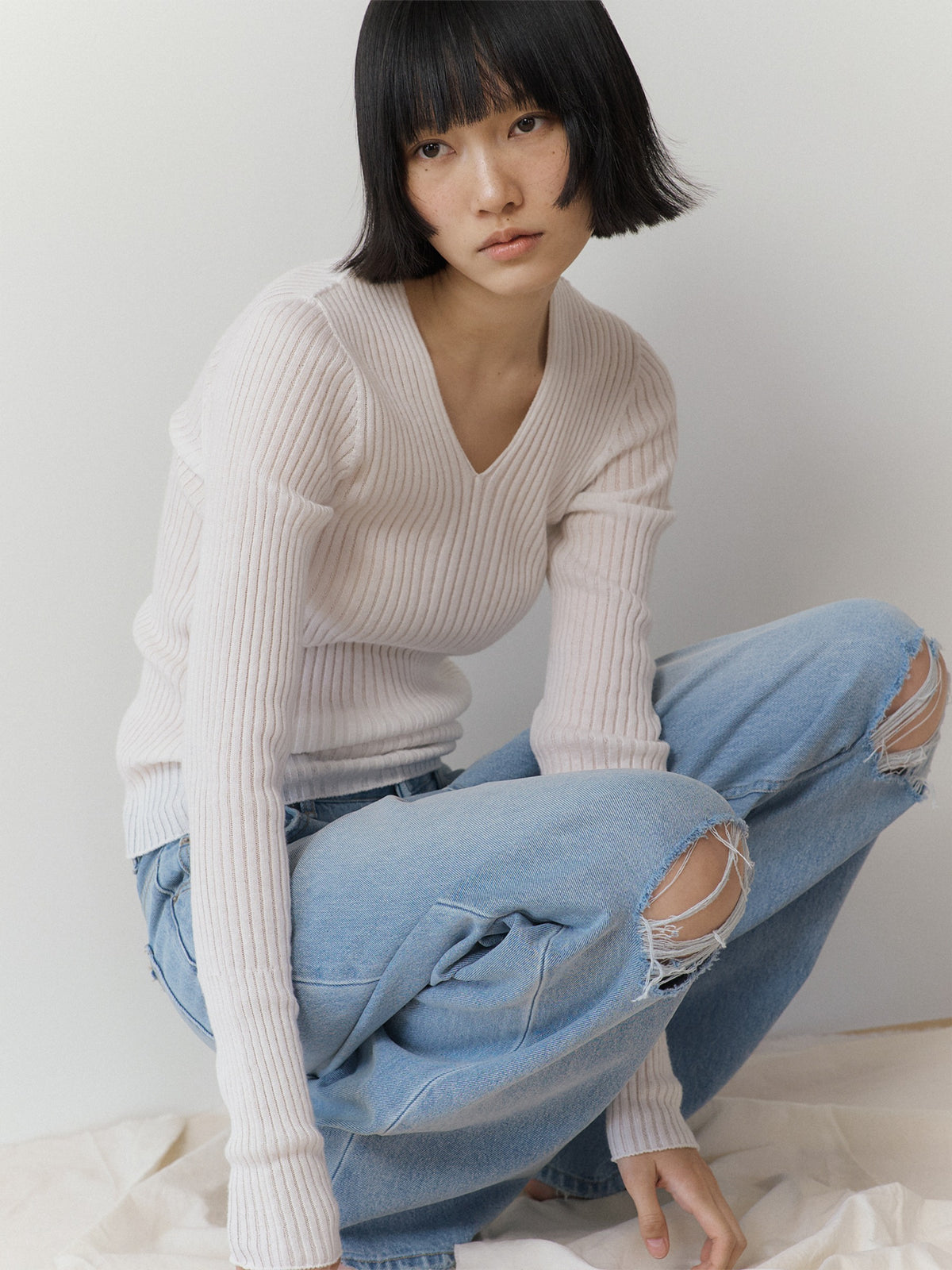Double V-neck Rib Pullover - Ivory 1