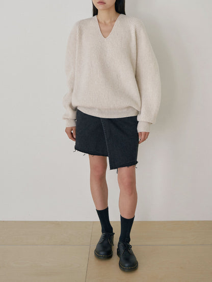 Wool V-neck Raglan Pullover - Oatmeal 10