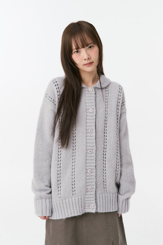 PUNCHING ROUND COLLAR CARDIGAN, LIGHT GRAY