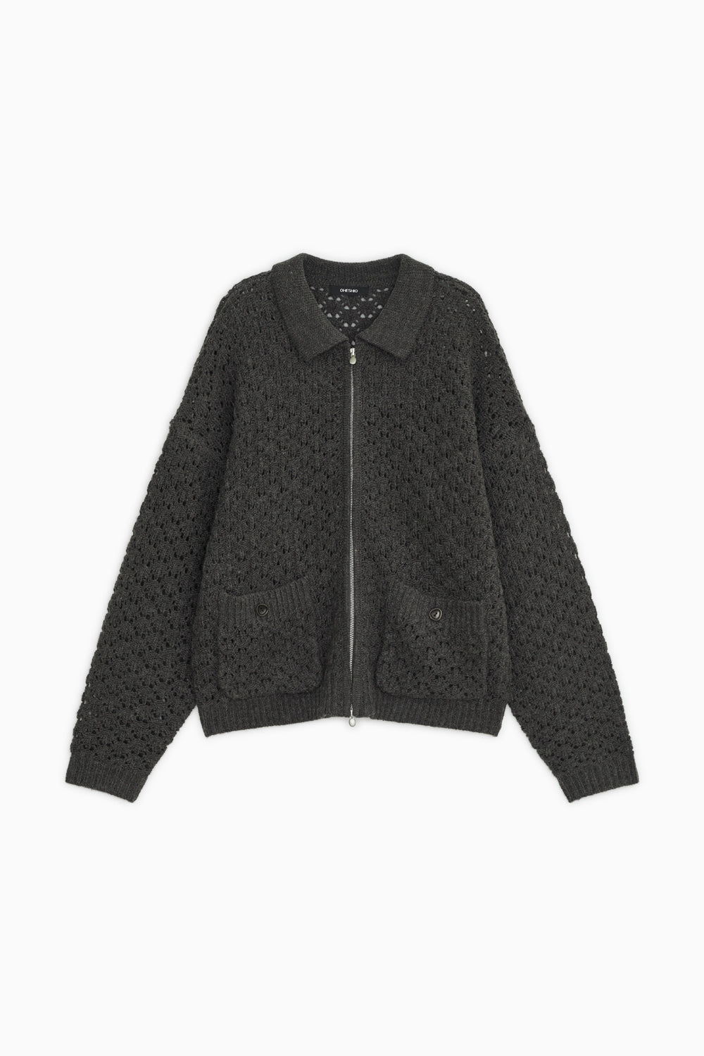 CROCHET KNIT ZIP-UP, CHARCOAL