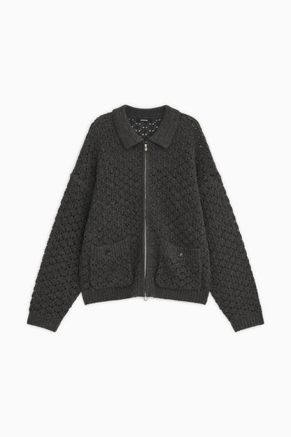 CROCHET KNIT ZIP-UP, CHARCOAL