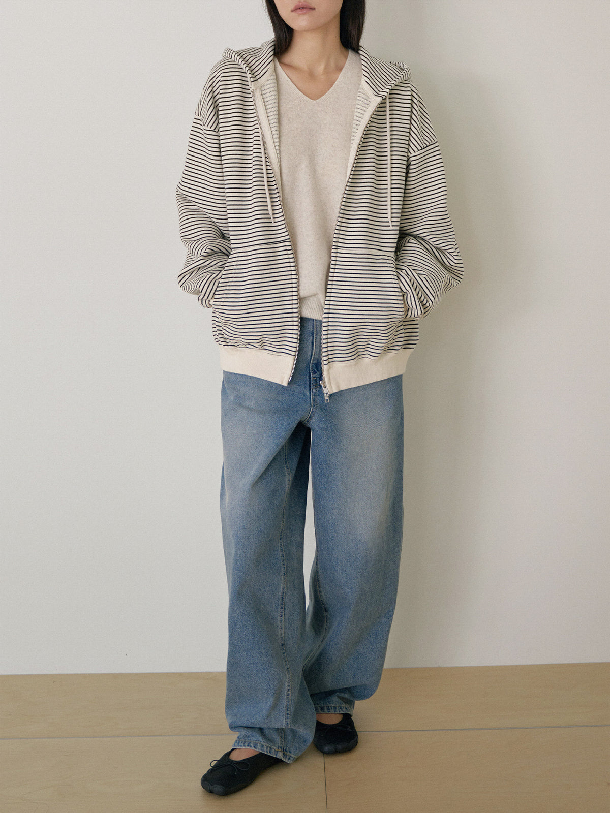 Stripe Hoodie Zip-up - Ivory 6