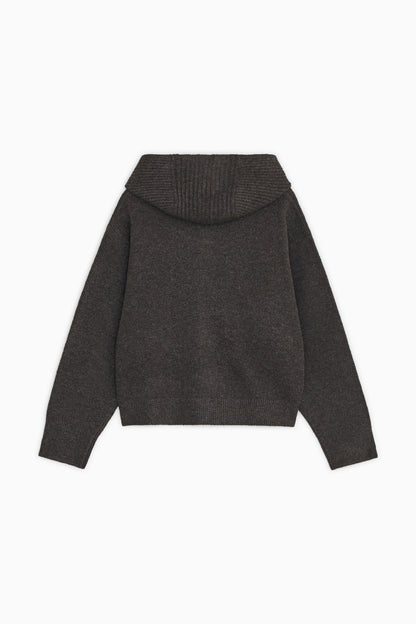 CROPPED HOODED HIGH NECK CARDIGAN, BROWN
