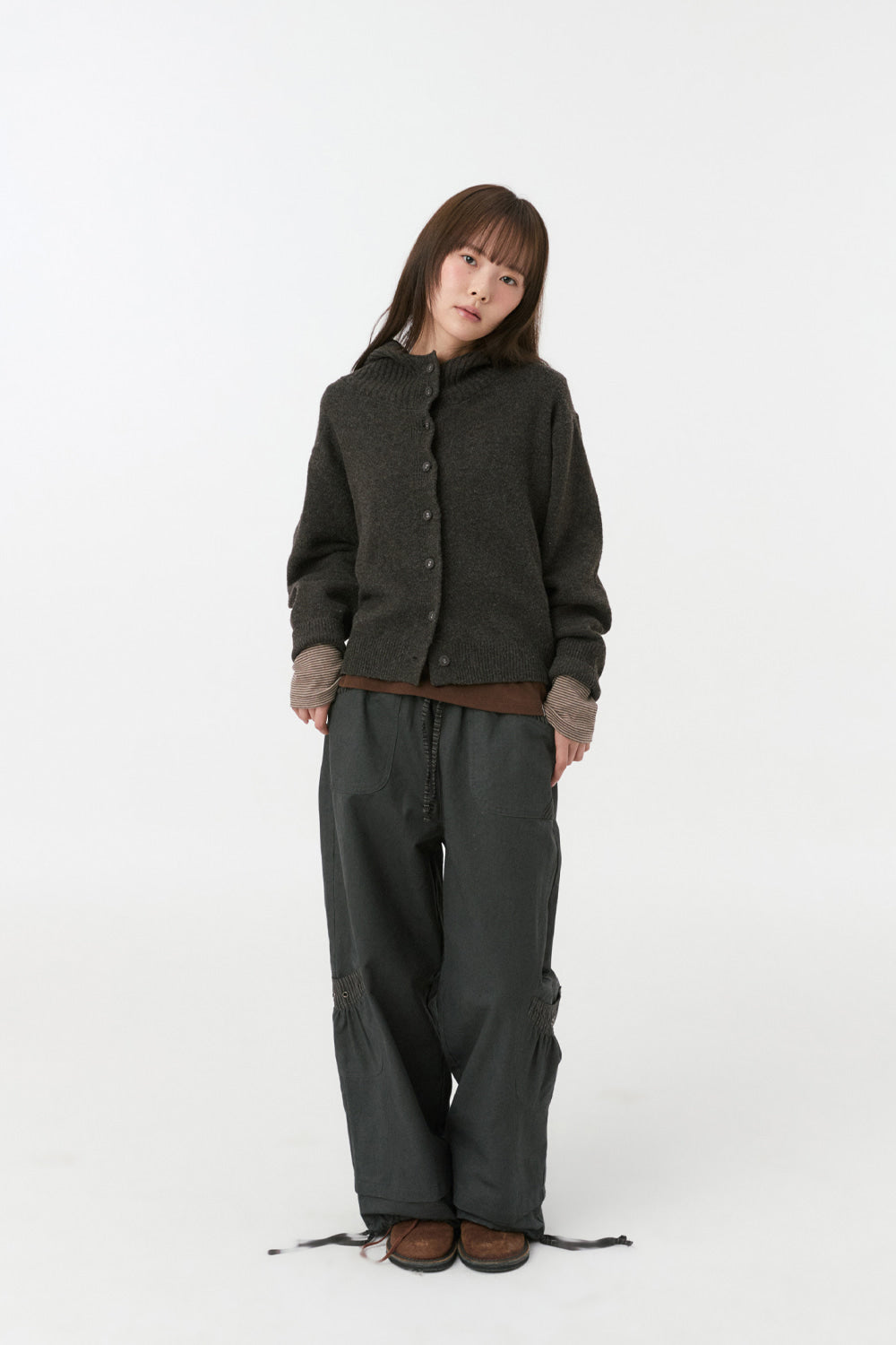 CROPPED HOODED HIGH NECK CARDIGAN, BROWN