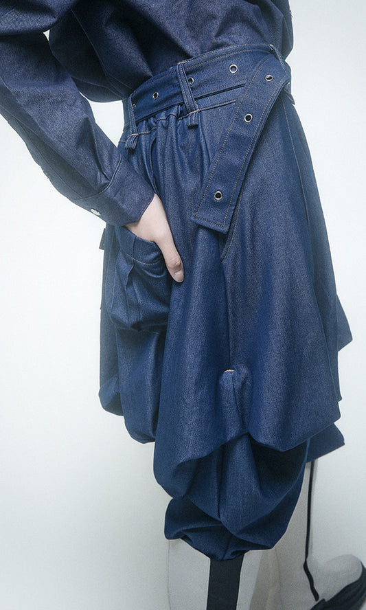 【Reculer レキュリー】Skirt silhouette baggy pants Like Denim Deep Blue