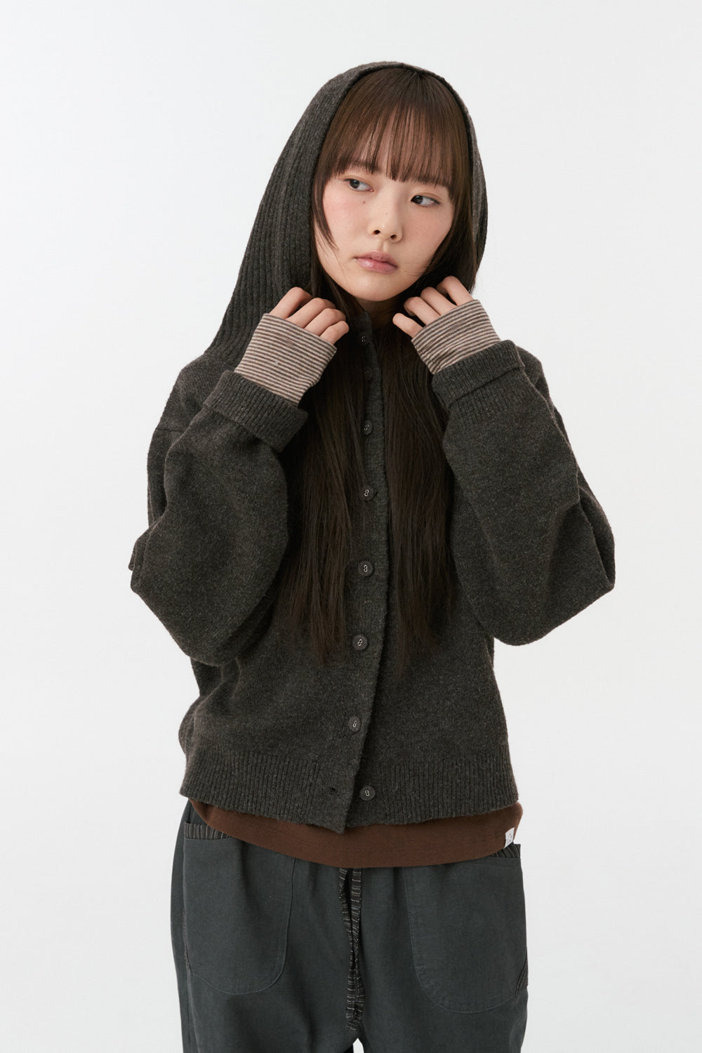 CROPPED HOODED HIGH NECK CARDIGAN, BROWN