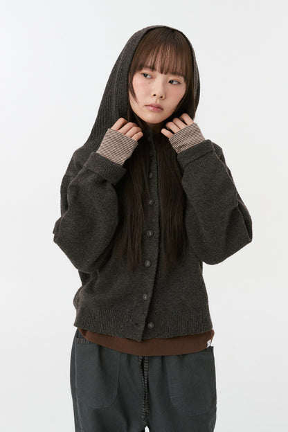 CROPPED HOODED HIGH NECK CARDIGAN, BROWN