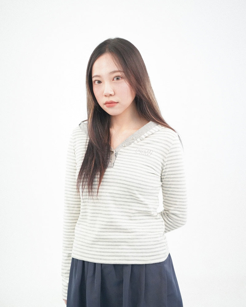 CTW stripe button hoodie -GREY