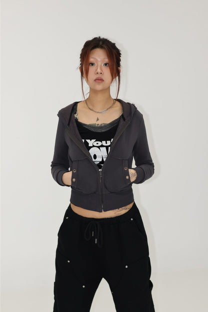 VINTAGE EYELET HOODED ZIP-UP -CHARCOAL