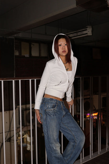 VINTAGE EYELET HOODED ZIP-UP -WHITE