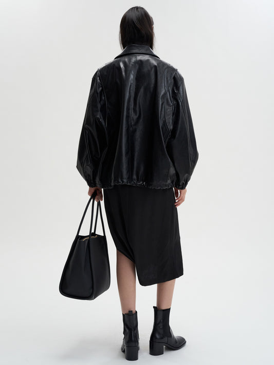 [MAGJAY] Soft Faux-Leather Blouson Jacket-BLACK