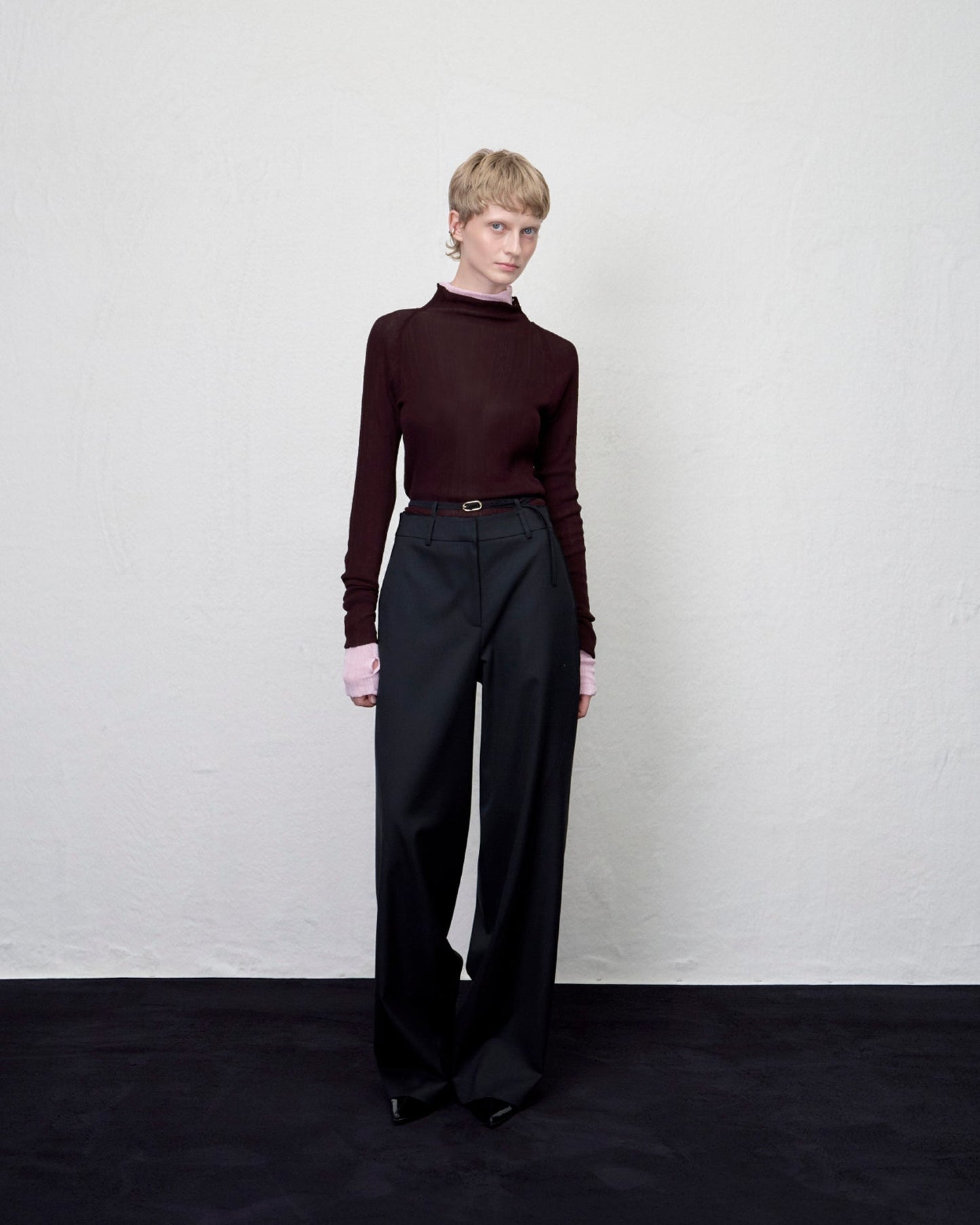 【ARIK. アリク AW】MINCHIR lettuce edge high neck knit top Burgundy Brown