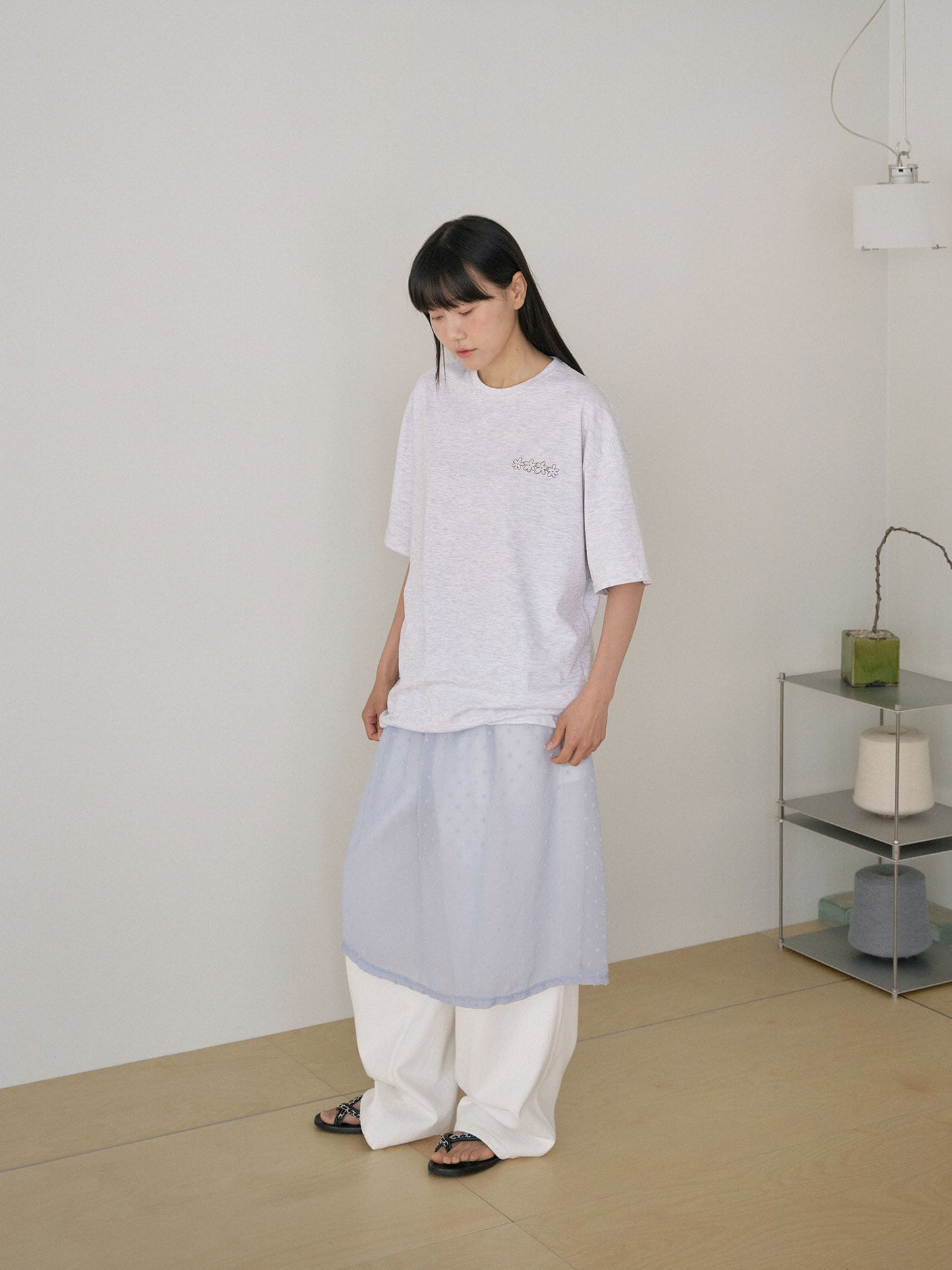 Flower Printing Short Sleeve - Light Gray