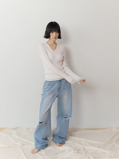 Double V-neck Rib Pullover - Ivory 3