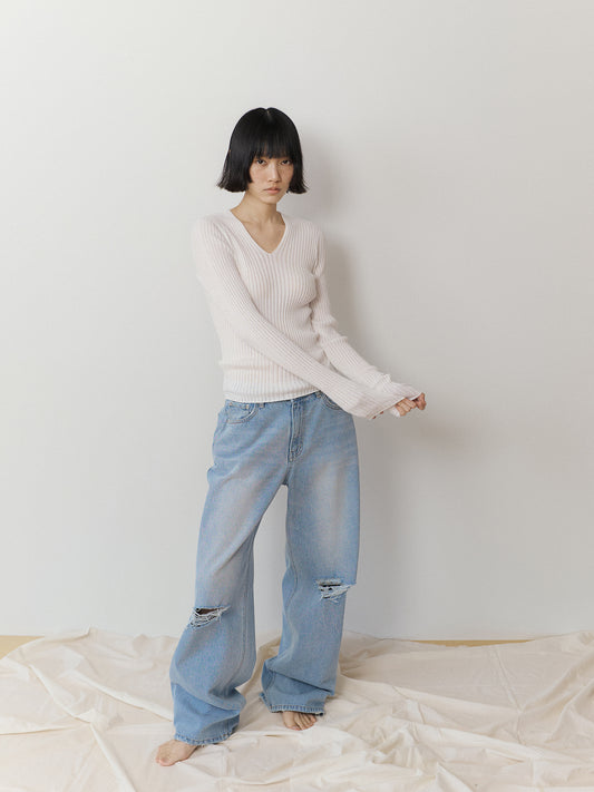 Double V-neck Rib Pullover - Ivory 3